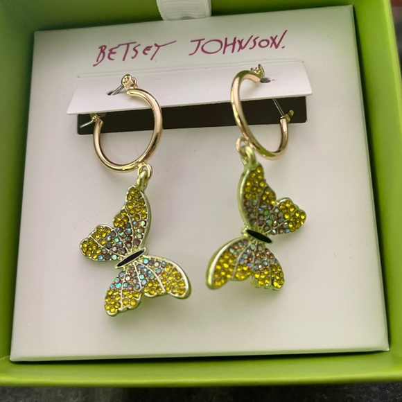 NWT Betsey Johnson All A Flutter Huggie Yellow Crystal Butterfly Earrings - Picture 6 of 6